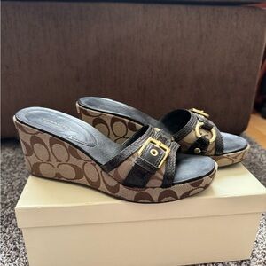 Coach Signature Brown Wedge Sandals